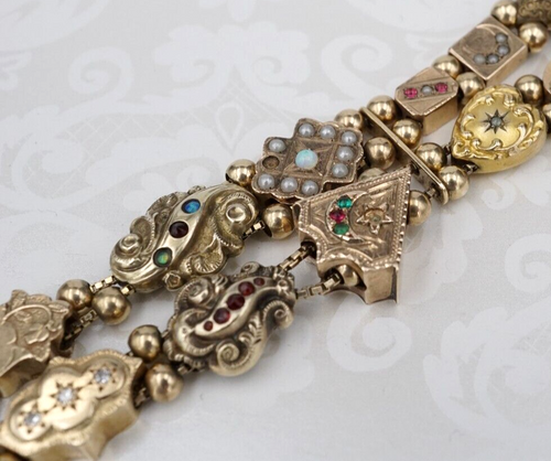 Vintage Yellow Gold Multi-Gemstone Slide Bracelet Antique 8