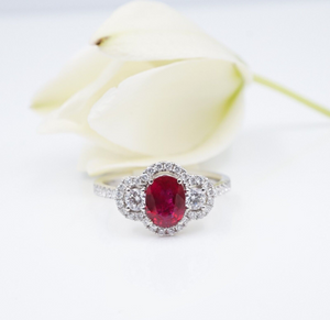 18k White Gold Natural Ruby Diamond Halo Cocktail Ring Size 6.5 NWT CO1180