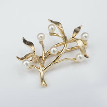 Vintage 1940s Fisher & Co 14k Gold Pearl Olive Leaf Branch Brooch Pin 1.2" OG359