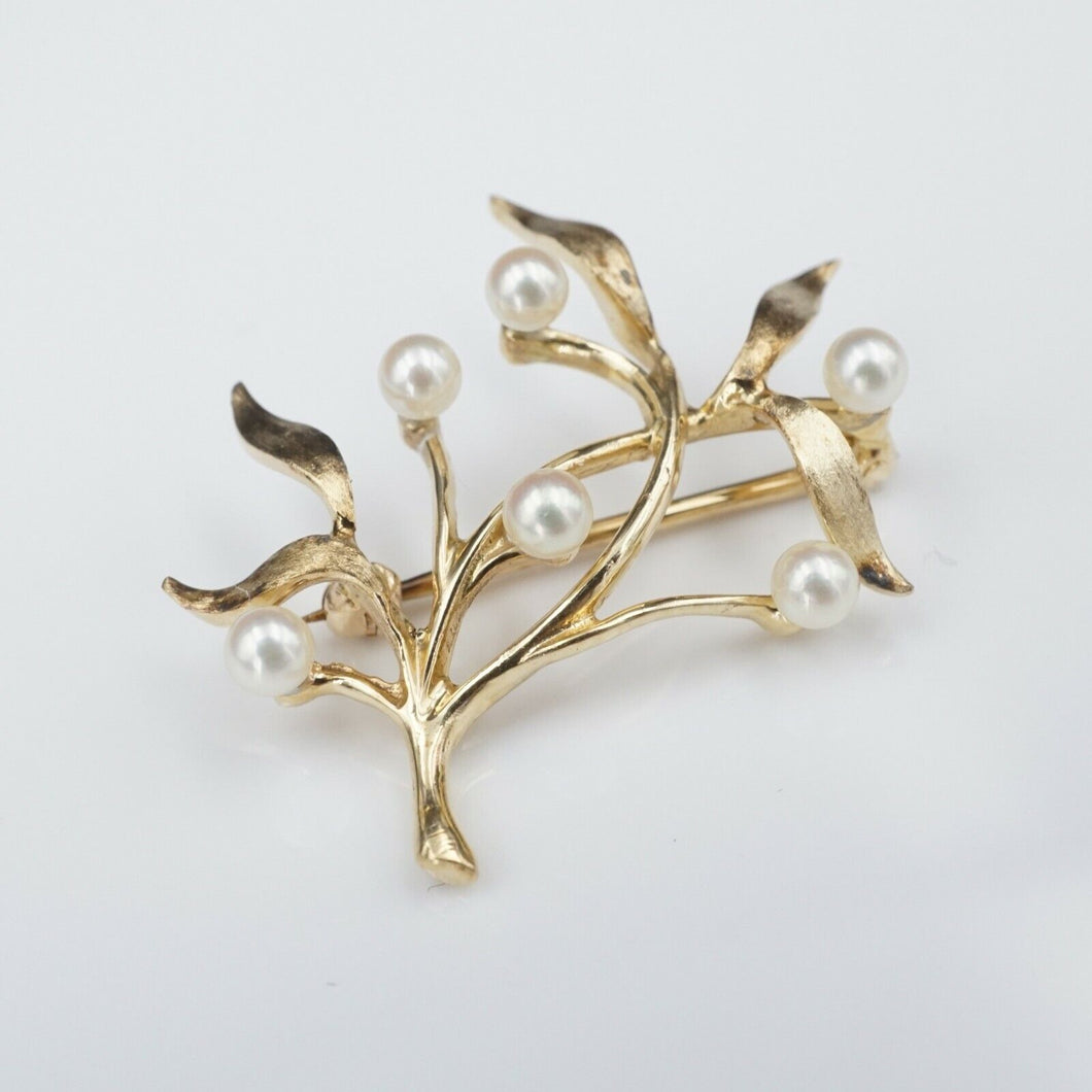 Vintage 1940s Fisher & Co 14k Gold Pearl Olive Leaf Branch Brooch Pin 1.2