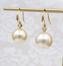 18k Yellow Gold 13mm Golden South Sea Pearl Diamond Dangle Earrings Hook EG2407