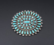 Vintage Zuni Turquoise Petit Point Brooch Sterling Silver Hand Signed 1.8” OS638