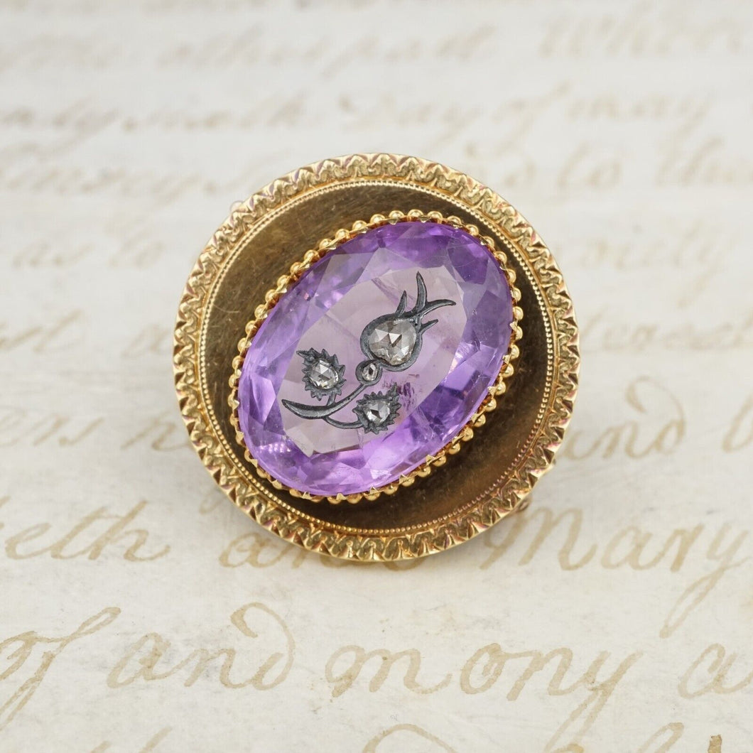 Antique 18k 14k Gold Diamond Amethyst Inlay Pendant Pin Brooch 1