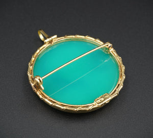 Vintage 18k Gold Cameo Pendant Brooch Carved Chalcedony Art Nouveau 1.3" OG452
