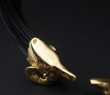 18k Yellow Gold Black Multi-Strand Ram Head Cuff Bracelet 6" Vintage BG934