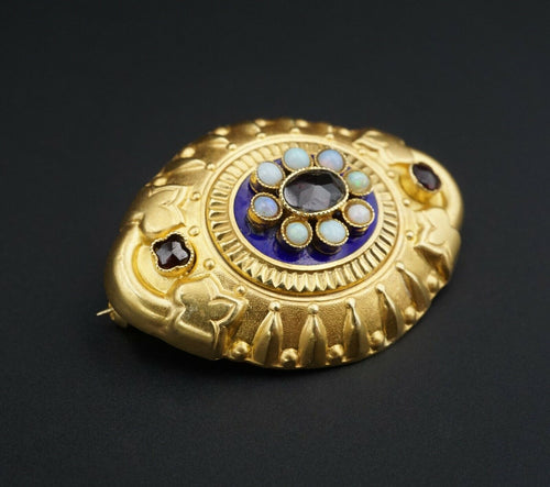 Antique 18k Yellow Gold Etruscan Revival Opal Blue Enamel Pendant Brooch OG291