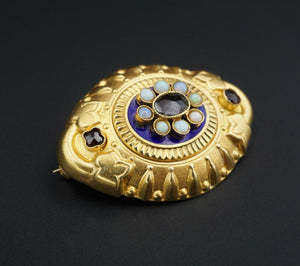 Antique 18k Yellow Gold Etruscan Revival Opal Blue Enamel Pendant Brooch OG291