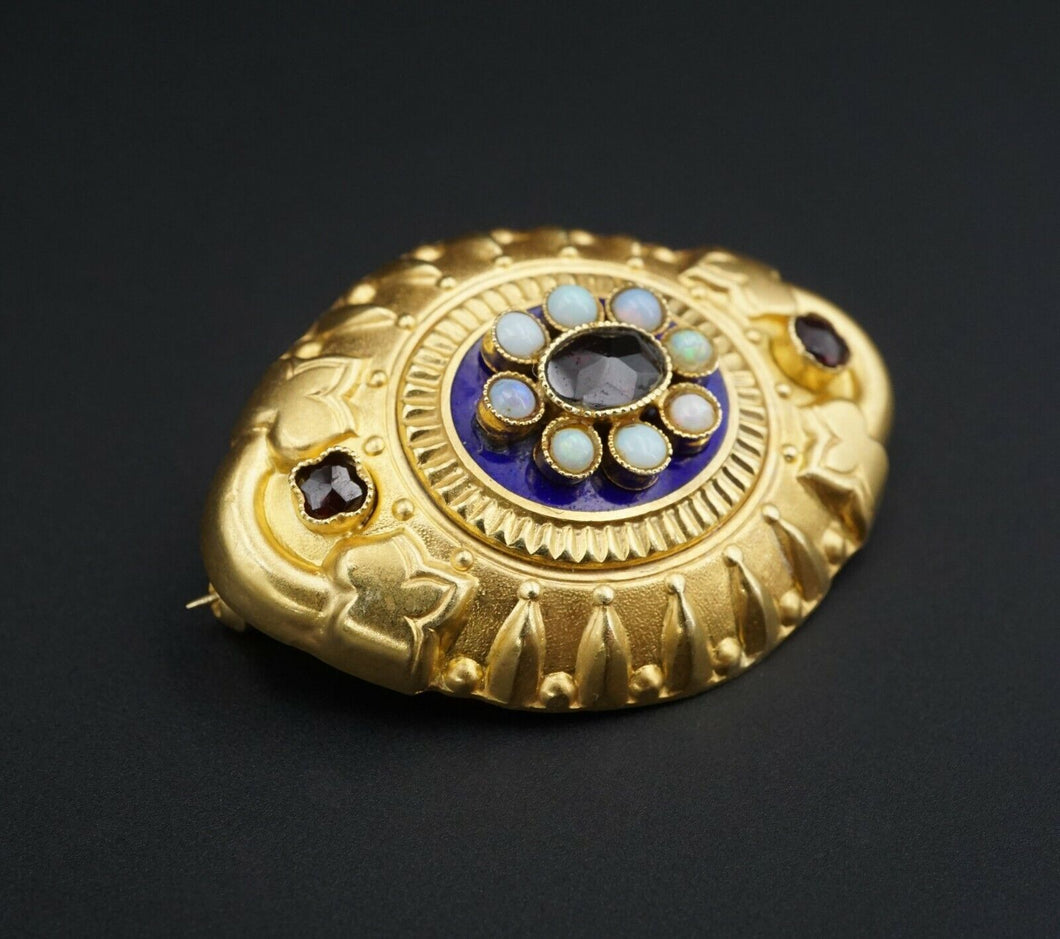 Antique 18k Yellow Gold Etruscan Revival Opal Blue Enamel Pendant Brooch OG291