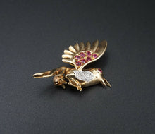 Vintage 14k Yellow Gold 0.3ct Ruby Diamond Detailed 3D Bird Pin Brooch 1" OG379
