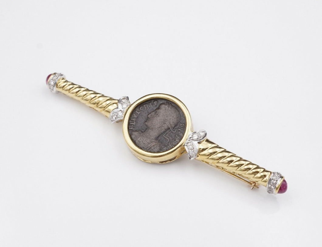 Ancient Coin Bar Pin Brooch 18k Yellow Gold Diamond Ruby Constantine OG221