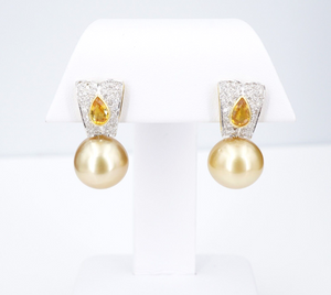 18k Two Tone Gold Diamond Orange Sapphire 13 mm South Sea Pearl Earrings EG2282