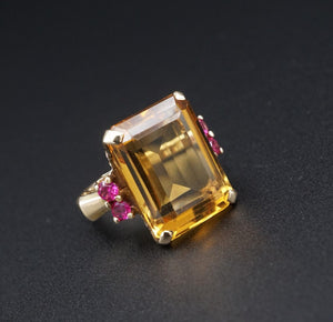 1940s Retro 14K Ring Cocktail Candy Yellow Gold 9ct Citrine Ruby Sz 5.75 RG4303