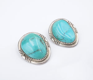 Navajo Natural Turquoise Sterling Silver Ear Clips 1" Earrings Signed GD ES2594