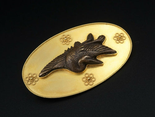 Castellani 15k Gold Etruscan Revival Bronze Shakudo Pelican Oval Brooch 2