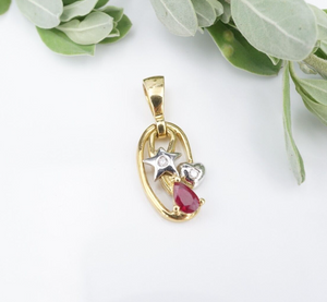 Vintage 18k Ruby White Diamond Pendant Yellow Gold 1" Natural Star HeaPG1869