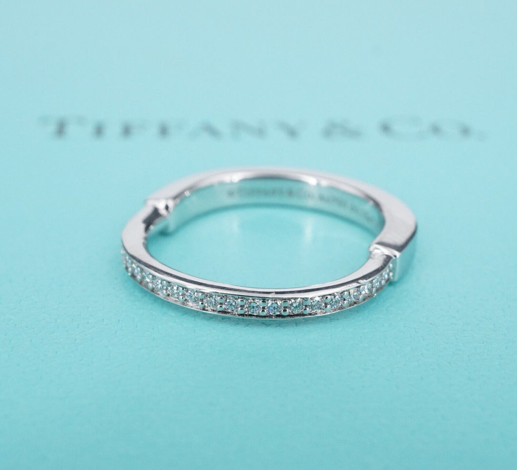 Tiffany & Co 18k White Gold Diamond Lock Ring Band Size 7.25 18 RG4356