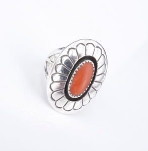 Navajo Red Coral Shadowbox Ring Sterling Silver Size 7.5 Dan Jackson Vtg RS3563