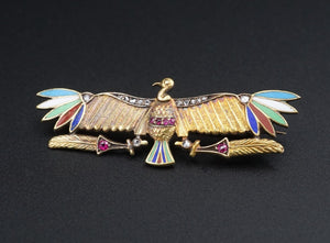 Antique 14k Gold Egyptian Revival Diamond Ruby Vulture Goddess Pin Brooch OG382