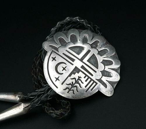 Large Hopicrafts Sterling Silver Sunface Moon Corn Overlay Bolo Tie 38.5