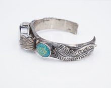 Navajo Signed KM Sterling Silver Turquoise Watch Cuff Feather Mary Bill 7" W868