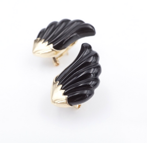 Unique Black Onyx Earrings 14k Yellow Gold 0.9" Carved Wing Feather EG2329