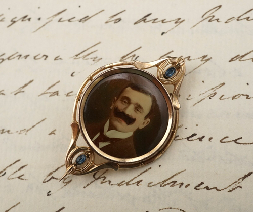 Victorian Miniature Portrait Pin Brooch Amazing Mustache 8k Gold 1.6