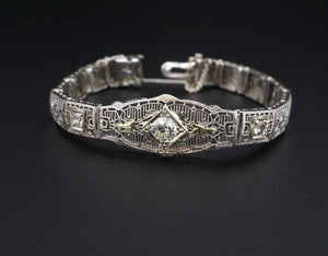 Classic Antique Art Deco 14k Gold 1ct Three Diamond Filigree Bracelet 6.5" BG794