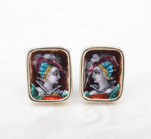 Victorian Limoges 14k Yellow Gold Enamel Studs Earrings 0.5" Antique EG2423