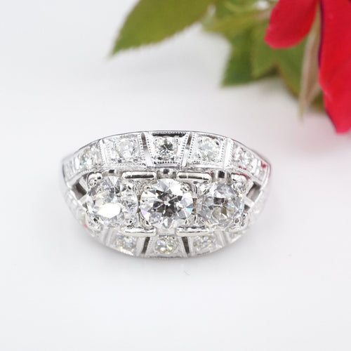 Vintage 14k White Gold 3 Stone Diamond Halo Shield Cocktail Ring Size 7 RG3083