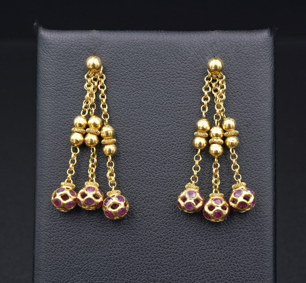 18k Yellow Gold Ball Stud Earrings Enhancers Dangle Ruby Ear Charms 1.4