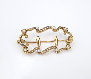 Antique 14k Yellow Gold Seed Pearl Floral Wave Scarf Pin Brooch 1.5" OG457