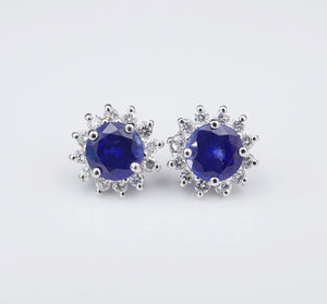 14k White Gold 3.7ct Natural Sapphire Diamond Halo Stud Earrings CO909