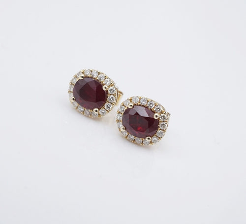 14k Yellow Gold 2.2cttw Natural Ruby Diamond Halo Stud Earrings EG2200