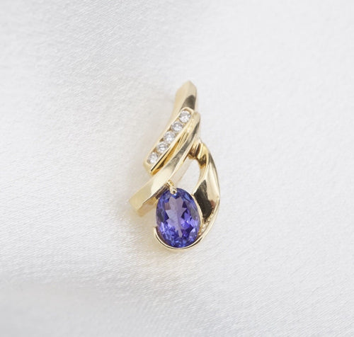 14k Yellow Gold Oval Tanzanite Diamond Slide Pendant Vintage 0.85