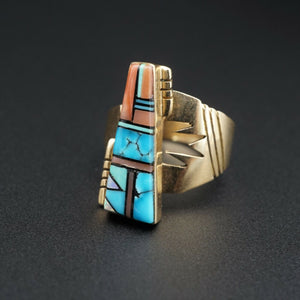 Zuni Inlay Turquoise Bypass Ring 14k Yellow Gold Size 6 Signed TD RG3349