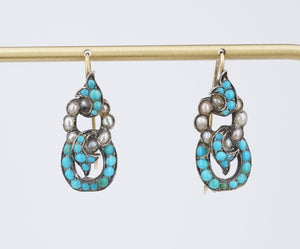 Antique Silver & Yellow Gold Turquoise Seed Pearl Dangle Earrings 1" ES2438