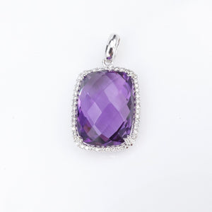 14k Amethyst Diamond Halo Pendant White Gold Cushion Drop 1" PG1815