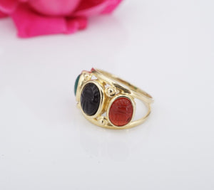 Vintage 14K Yellow Gold Carnelian Onyx Scarab Beetle 3 Stone Ring Sz 6.75 RG3644