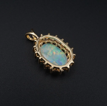 14k Yellow Gold Natural Opal Cabochon Emerald Halo Pendant 1" Vintage PG1904