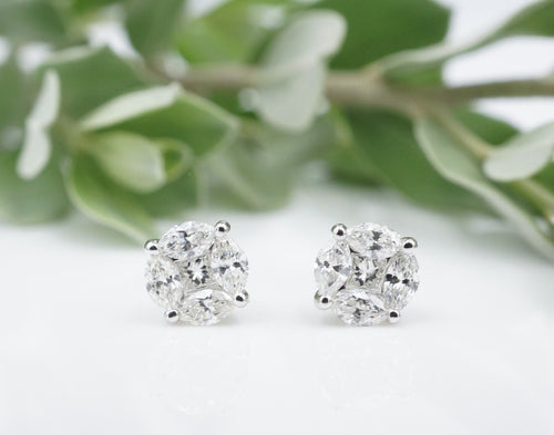 14k Diamond Stud Earrings Marquise Princess Illusion White Gold 1 ctw EG2382