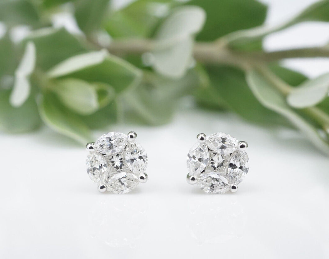 14k Diamond Stud Earrings Marquise Princess Illusion White Gold 1 ctw EG2382