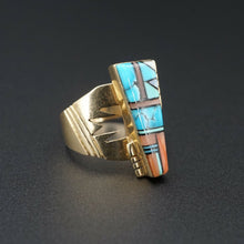 Zuni Inlay Turquoise Bypass Ring 14k Yellow Gold Size 6 Signed TD RG3349