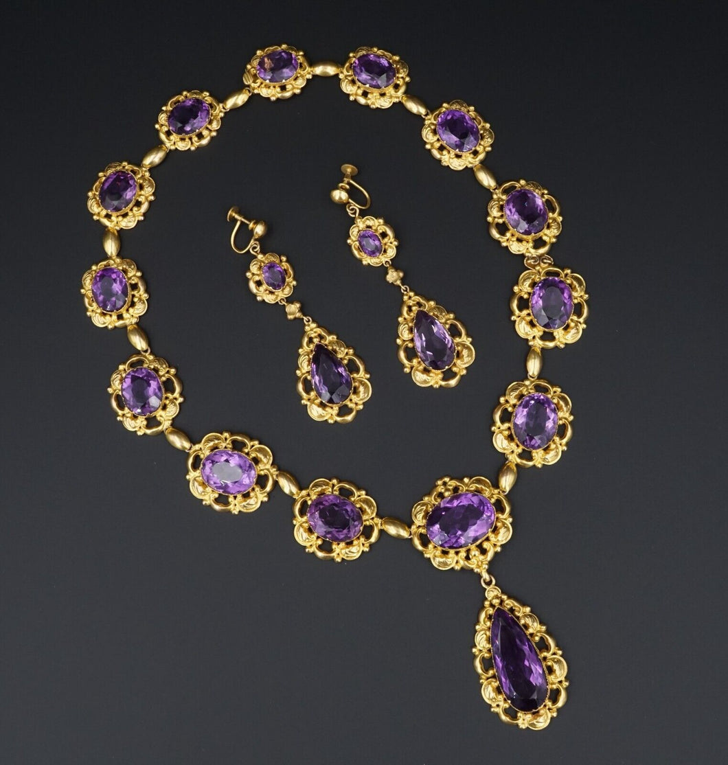 Antique Victorian Yellow Gold Amethyst Bib Necklace Earring Suite 16