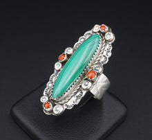 Navajo Malachite Coral Ring Sterling Silver Size 7 1.7" Long Signed E RS3389