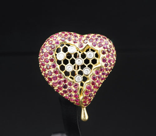 Henryk Kaston for Salvador Dalí Ruby and Diamond Honeycomb Heart Brooch PG1717