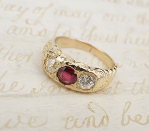 Antique Ruby Diamond Ring 3 Stone Old Euro 14k Yellow Gold Size 5 Scroll RG4102