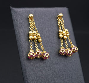 18k Yellow Gold Ball Stud Earrings Enhancers Dangle Ruby Ear Charms 1.4" EG21111