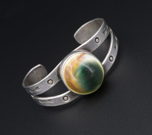 Harvey Era Vintage Silver Bracelet Operculum Shell Cuff Hand Stamped 6.5