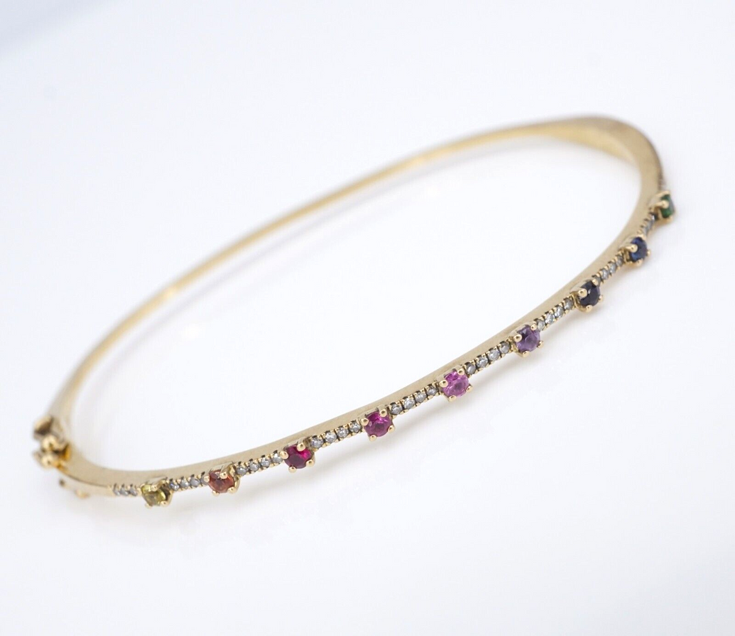 14k Gold Thin Gemstone Rainbow Sapphire Diamond Bangle Bracelet 15cm BG844