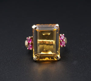 1940s Retro 14K Ring Cocktail Candy Yellow Gold 9ct Citrine Ruby Sz 5.75 RG4303